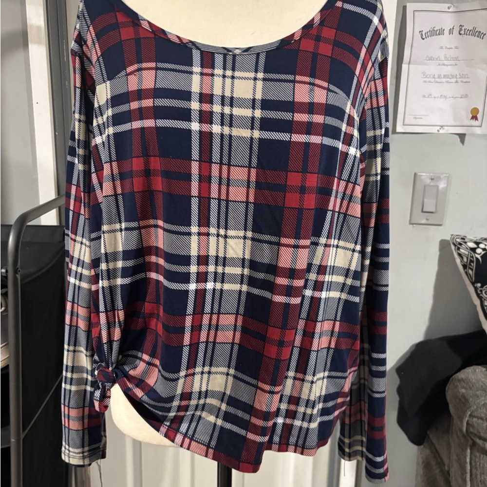 Rainbow Plaid Long Sleeve Top - Red, Blue, and White